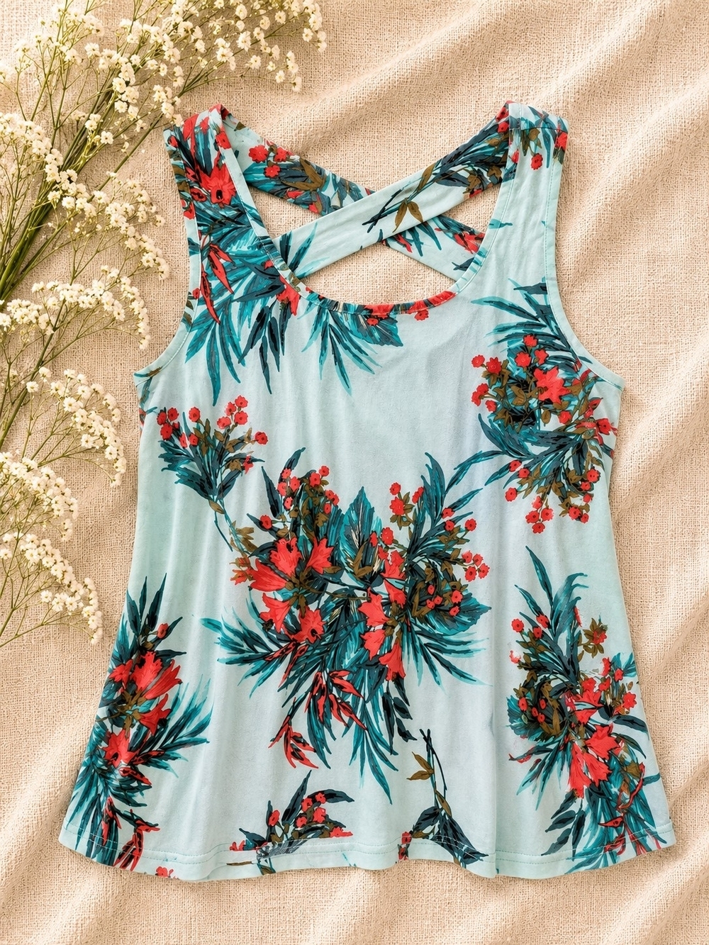 Lily Morgan Tropical Floral Criss Cross Back Tank Top Large Blue Coral